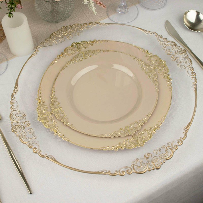 10 Pack Plastic Dinner Plates in Vintage Taupe, Gold Leaf Embossed Baroque Disposable Plates 10″ Round  |   Disposable Dinner Plates Disposable Dinner Plates Disposable Dinner Plates