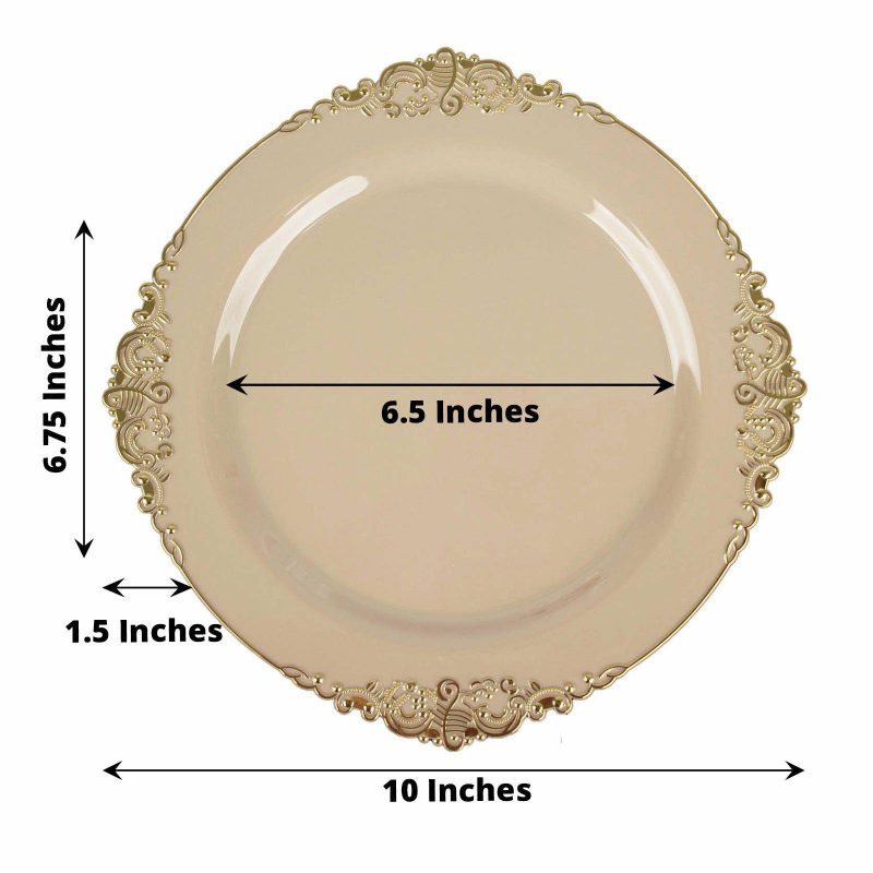 10 Pack Plastic Dinner Plates in Vintage Taupe, Gold Leaf Embossed Baroque Disposable Plates 10″ Round  |   Disposable Dinner Plates Disposable Dinner Plates Disposable Dinner Plates