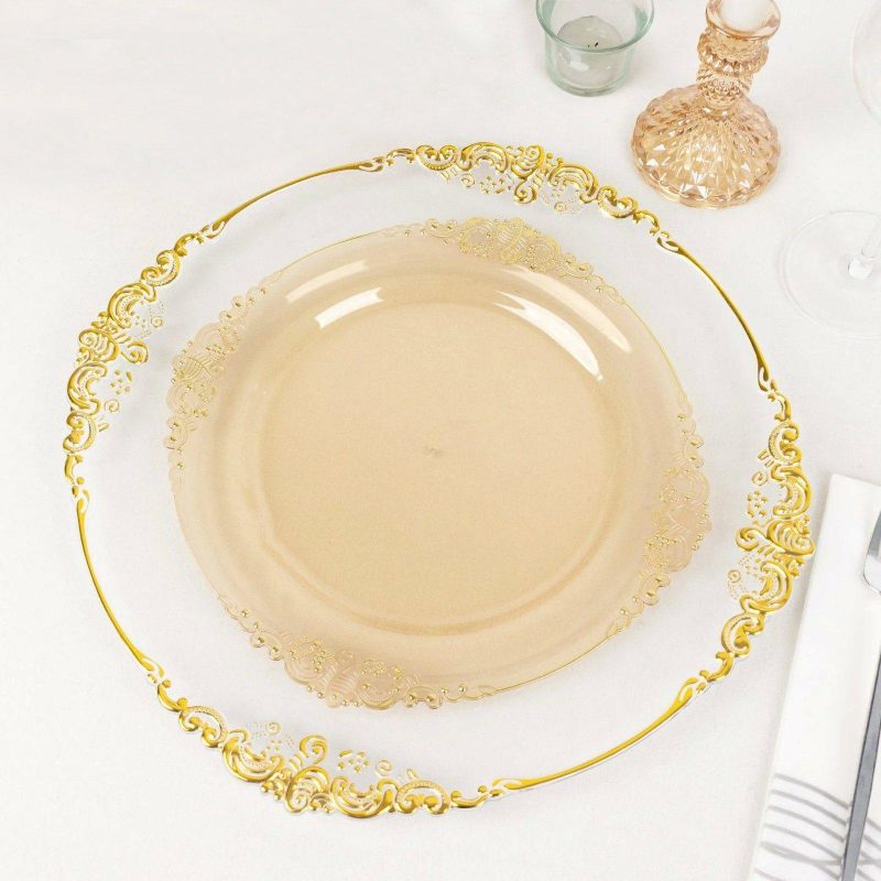 10 Pack Plastic Dinner Plates in Vintage Transparent Amber, Gold Leaf Embossed Baroque Disposable Round Plates – 10″  |   Disposable Dinner Plates Disposable Dinner Plates Disposable Dinner Plates