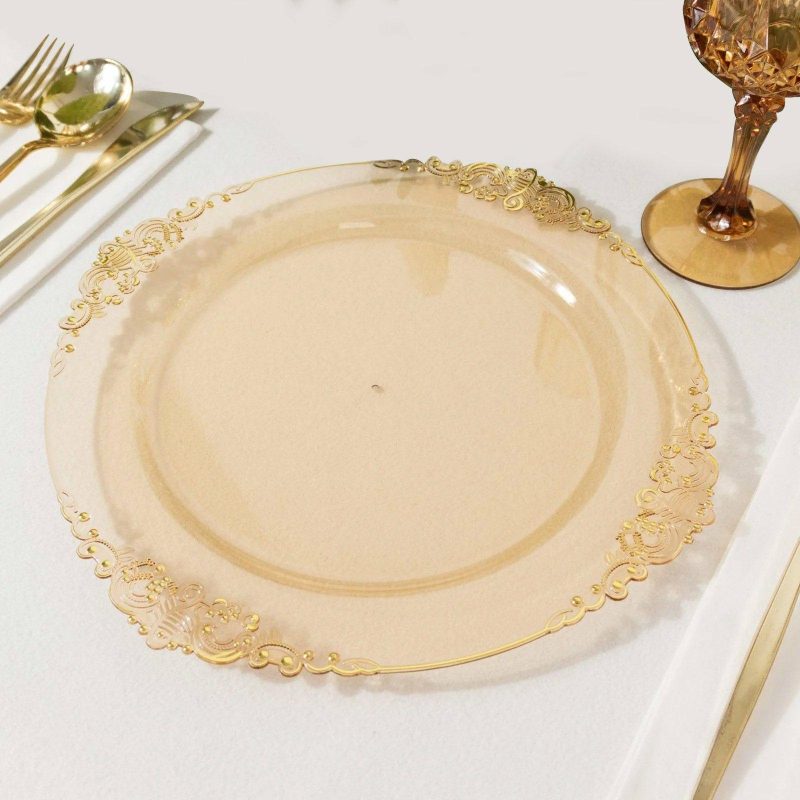 10 Pack Plastic Dinner Plates in Vintage Transparent Amber, Gold Leaf Embossed Baroque Disposable Round Plates – 10″  |   Disposable Dinner Plates Disposable Dinner Plates Disposable Dinner Plates