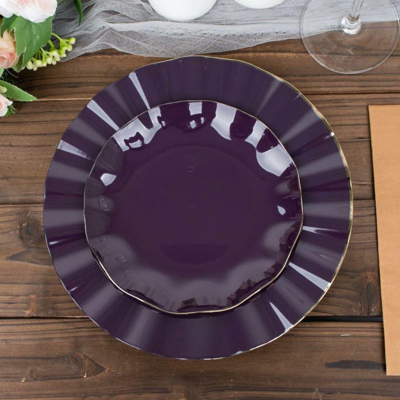 10 Pack Purple Hard Plastic Dessert Plates with Gold Ruffled Rim, Heavy Duty Disposable Salad Appetizer Dinnerware 6″  |   Disposable Salad/Dessert Plates Disposable Plates Disposable Salad/Dessert Plates