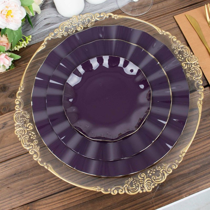 10 Pack Purple Hard Plastic Dessert Plates with Gold Ruffled Rim, Heavy Duty Disposable Salad Appetizer Dinnerware 6″  |   Disposable Salad/Dessert Plates Disposable Plates Disposable Salad/Dessert Plates