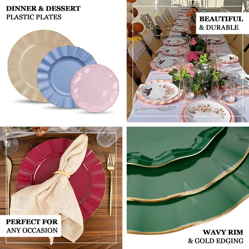 10 Pack Purple Hard Plastic Dessert Plates with Gold Ruffled Rim, Heavy Duty Disposable Salad Appetizer Dinnerware 6″  |   Disposable Salad/Dessert Plates Disposable Plates Disposable Salad/Dessert Plates