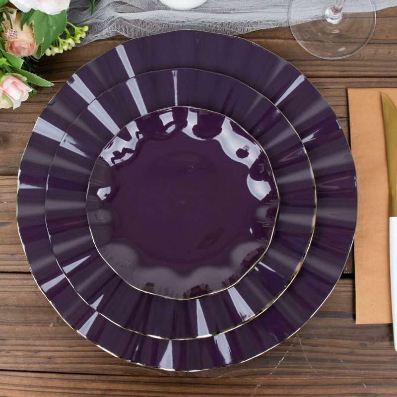 10 Pack Purple Hard Plastic Dessert Plates with Gold Ruffled Rim, Heavy Duty Disposable Salad Appetizer Dinnerware 6″  |   Disposable Salad/Dessert Plates Disposable Plates Disposable Salad/Dessert Plates