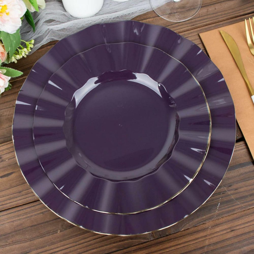 10 Pack Purple Hard Plastic Dinner Plates with Gold Ruffled Rim, Heavy Duty Disposable Dinnerware 9″  |   Disposable Dinner Plates Disposable Dinner Plates Disposable Dinner Plates