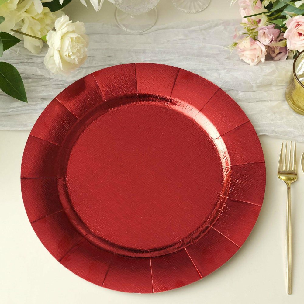 10 Pack Red Disposable Charger Plates, Cardboard Serving Tray, Round with Leathery Texture 1100 GSM 13″  |   Eco-Friendly & Paper Plates Disposable Plates Eco-Friendly & Paper Plates