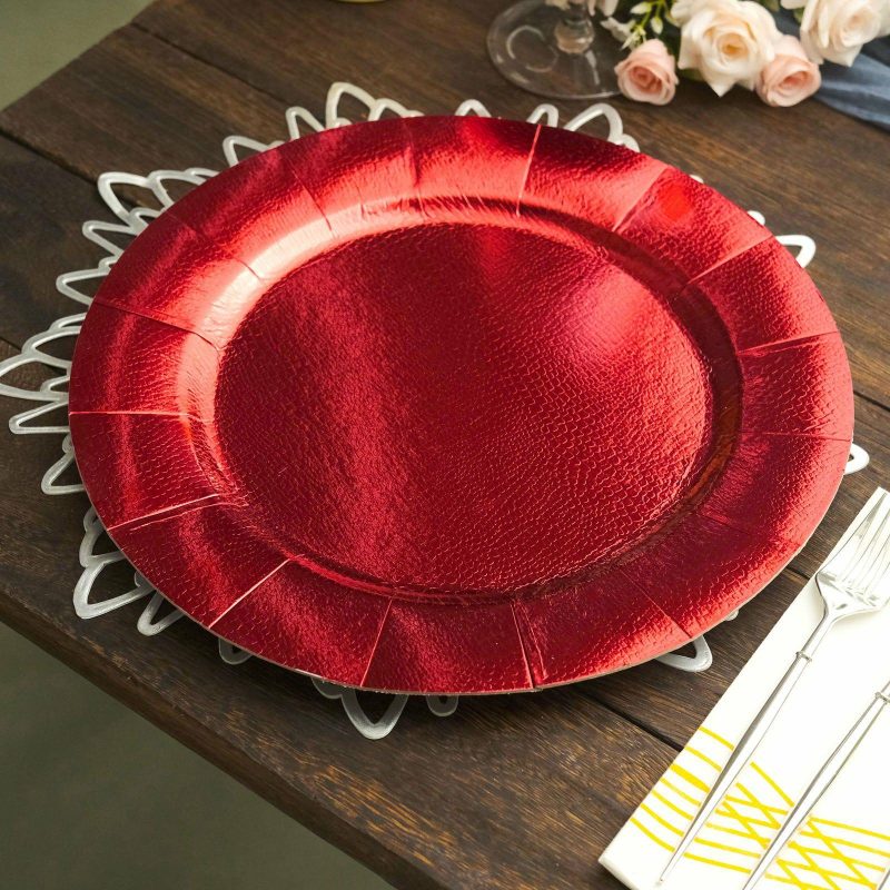 10 Pack Red Disposable Charger Plates, Cardboard Serving Tray, Round with Leathery Texture 1100 GSM 13″  |   Eco-Friendly & Paper Plates Disposable Plates Eco-Friendly & Paper Plates