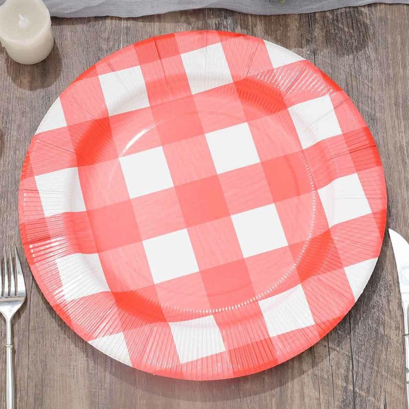 10 Pack Red / White Buffalo Plaid Disposable Serving Trays, Round Checkered Sunray Cardboard Charger Plates 350 GSM 13″  |   Paper Chargers & Trays Paper Chargers & Trays Paper Chargers & Trays