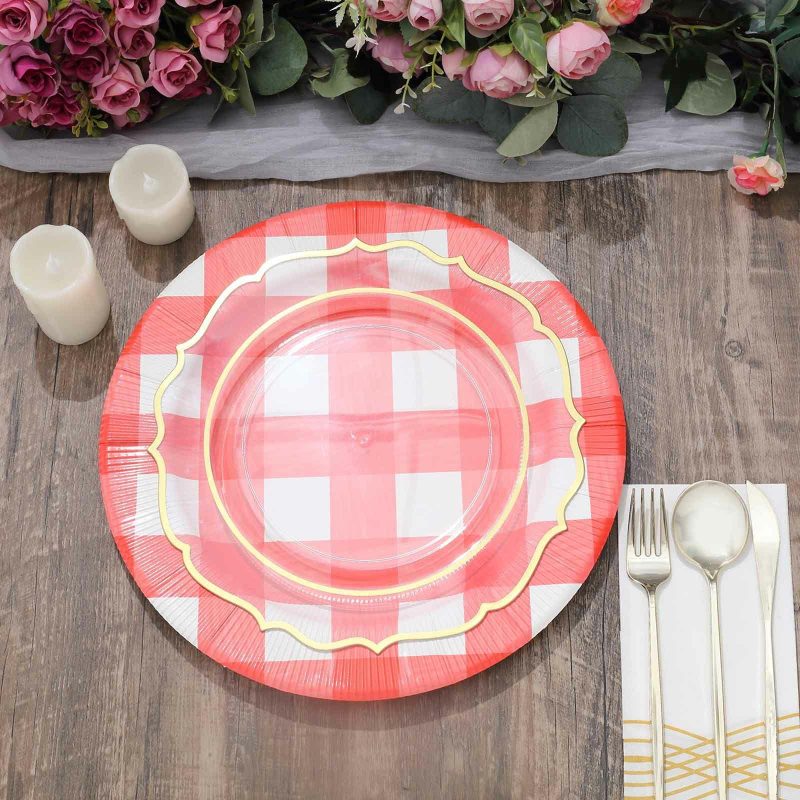 10 Pack Red / White Buffalo Plaid Disposable Serving Trays, Round Checkered Sunray Cardboard Charger Plates 350 GSM 13″  |   Paper Chargers & Trays Paper Chargers & Trays Paper Chargers & Trays