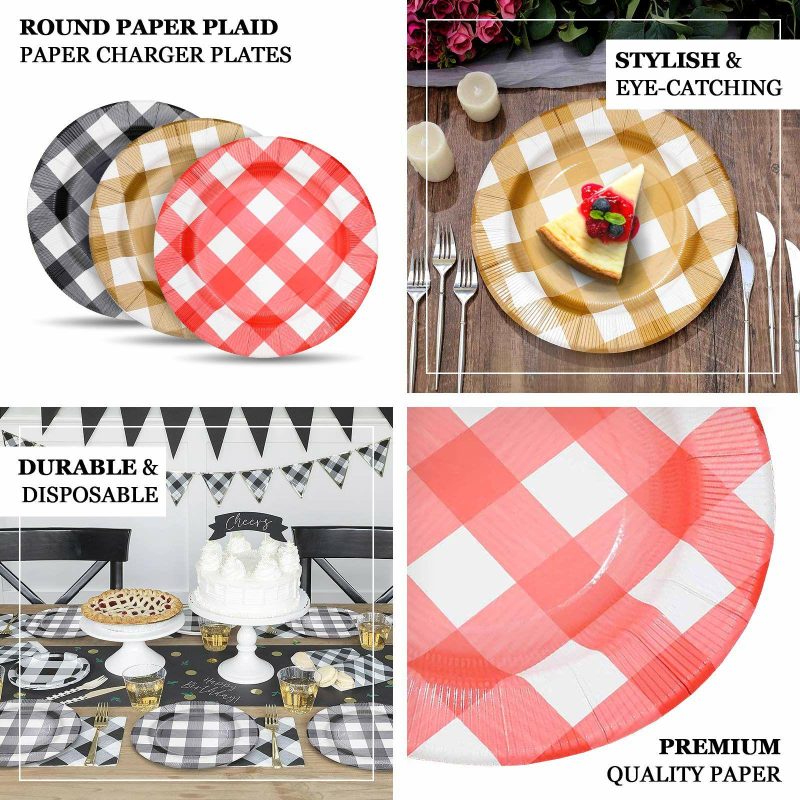 10 Pack Red / White Buffalo Plaid Disposable Serving Trays, Round Checkered Sunray Cardboard Charger Plates 350 GSM 13″  |   Paper Chargers & Trays Paper Chargers & Trays Paper Chargers & Trays