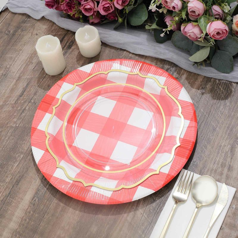 10 Pack Red / White Buffalo Plaid Disposable Serving Trays, Round Checkered Sunray Cardboard Charger Plates 350 GSM 13″  |   Paper Chargers & Trays Paper Chargers & Trays Paper Chargers & Trays