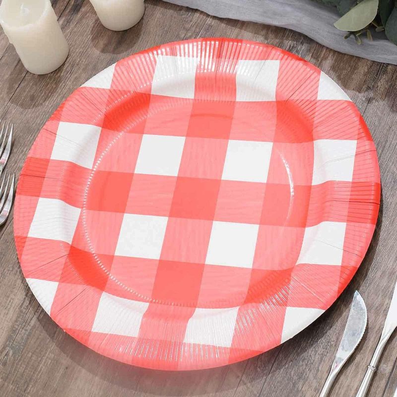 10 Pack Red / White Buffalo Plaid Disposable Serving Trays, Round Checkered Sunray Cardboard Charger Plates 350 GSM 13″  |   Paper Chargers & Trays Paper Chargers & Trays Paper Chargers & Trays