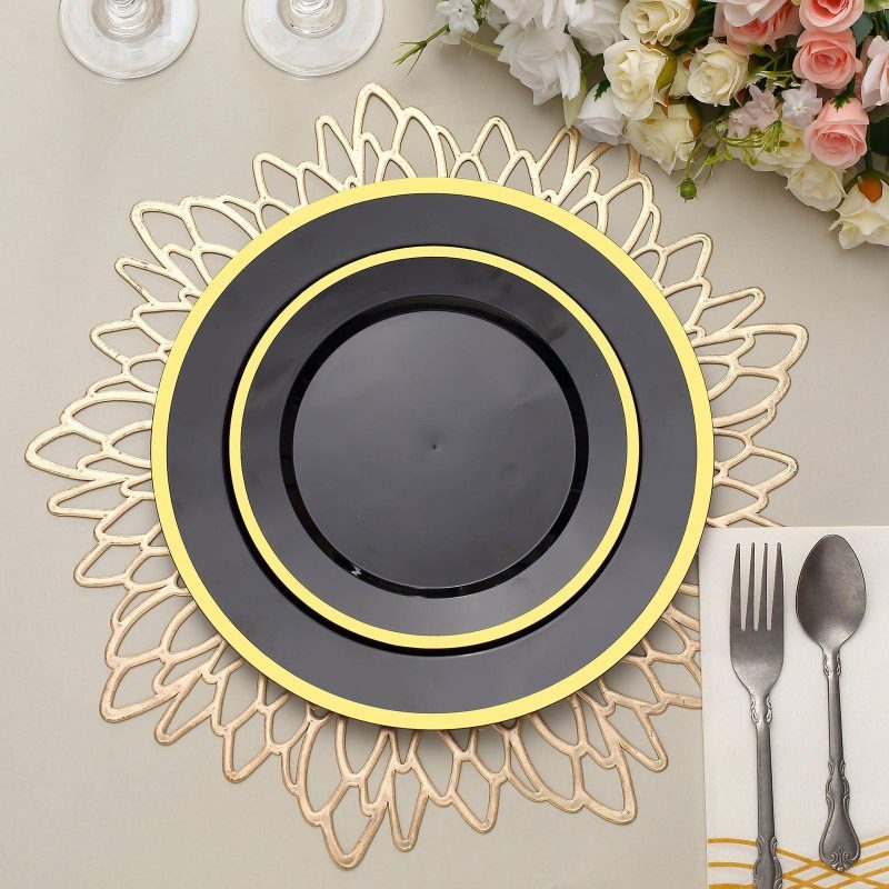 10 Pack Regal Black and Gold Round Plastic Dessert Plates, Disposable Appetizer Salad Plates 7″  |   Disposable Salad/Dessert Plates Disposable Plates Black/Gold