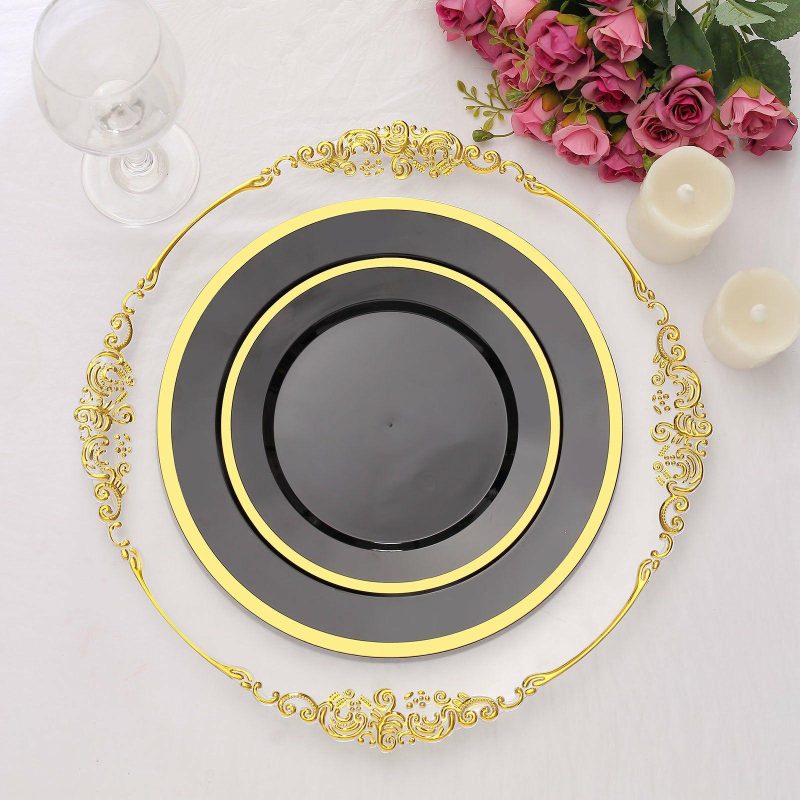 10 Pack Regal Black and Gold Round Plastic Dessert Plates, Disposable Appetizer Salad Plates 7″  |   Disposable Salad/Dessert Plates Disposable Plates Black/Gold