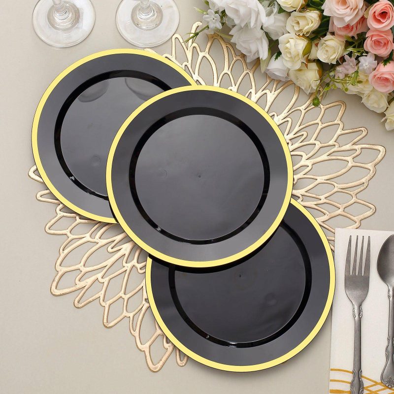 10 Pack Regal Black and Gold Round Plastic Dessert Plates, Disposable Appetizer Salad Plates 7″  |   Disposable Salad/Dessert Plates Disposable Plates Black/Gold