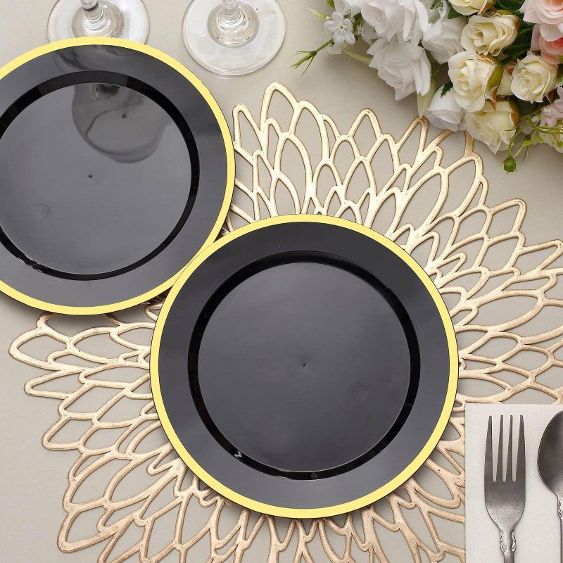 10 Pack Regal Black and Gold Round Plastic Dessert Plates, Disposable Appetizer Salad Plates 7″  |   Disposable Salad/Dessert Plates Disposable Plates Black/Gold