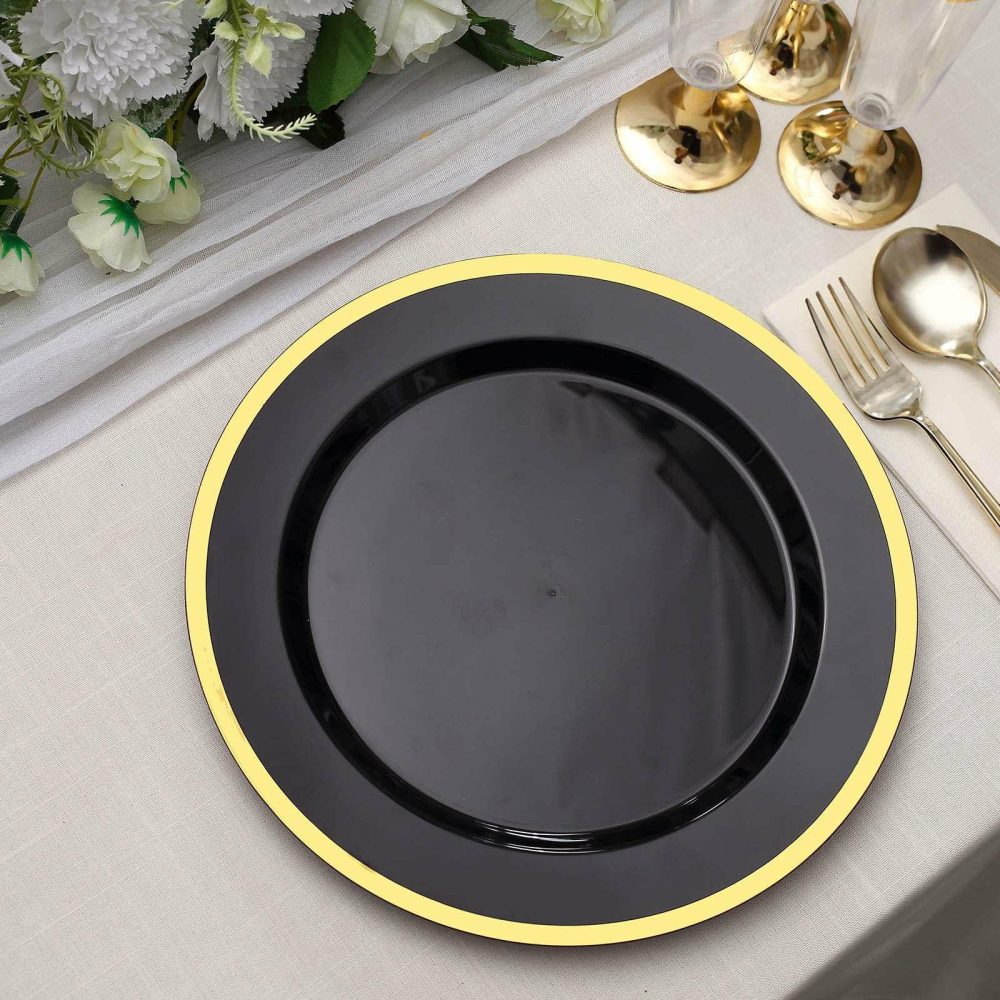 10 Pack Regal Black and Gold Round Plastic Dinner Plates 10″  |   Disposable Dinner Plates Disposable Dinner Plates Black/Gold