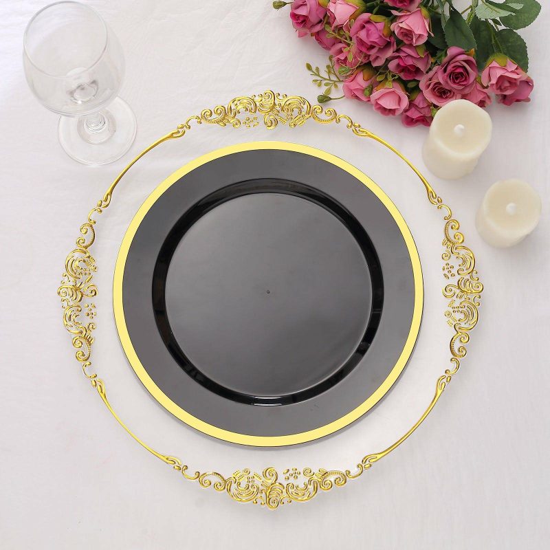 10 Pack Regal Black and Gold Round Plastic Dinner Plates 10″  |   Disposable Dinner Plates Disposable Dinner Plates Black/Gold