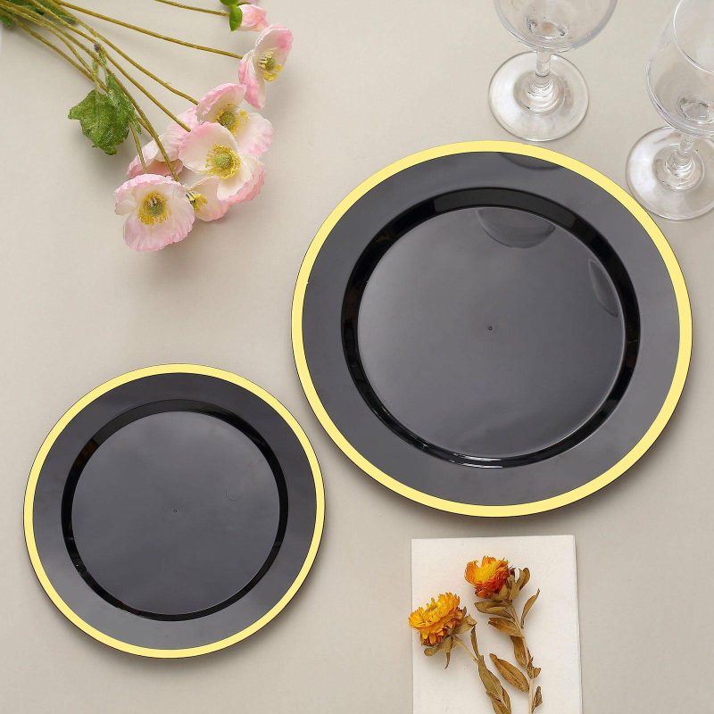 10 Pack Regal Black and Gold Round Plastic Dinner Plates 10″  |   Disposable Dinner Plates Disposable Dinner Plates Black/Gold