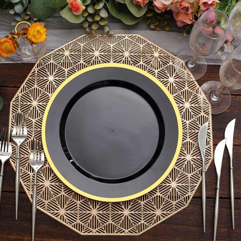 10 Pack Regal Black and Gold Round Plastic Dinner Plates 10″  |   Disposable Dinner Plates Disposable Dinner Plates Black/Gold