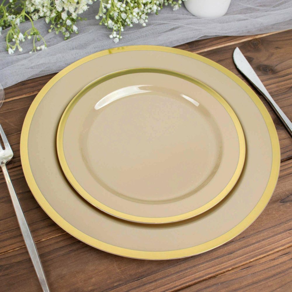 10 Pack Regal Taupe and Gold Round Plastic Dessert Plates, Disposable Appetizer Salad Plates 7″  |   Disposable Salad/Dessert Plates Disposable Plates Disposable Salad/Dessert Plates