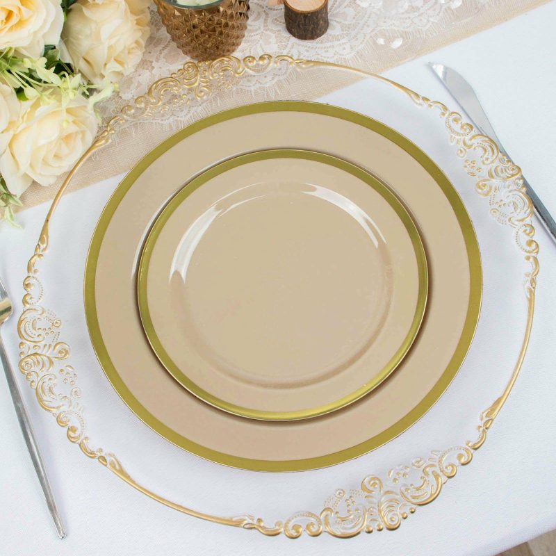 10 Pack Regal Taupe and Gold Round Plastic Dessert Plates, Disposable Appetizer Salad Plates 7″  |   Disposable Salad/Dessert Plates Disposable Plates Disposable Salad/Dessert Plates