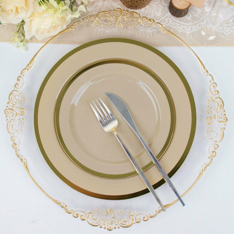 10 Pack Regal Taupe and Gold Round Plastic Dinner Plates 10″  |   Disposable Dinner Plates Disposable Dinner Plates Disposable Dinner Plates