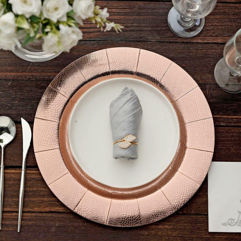 10 Pack Rose Gold Disposable Charger Plates, Cardboard Serving Tray, Round with Leathery Texture 1100 GSM 13″  |   Eco-Friendly & Paper Plates Disposable Plates Eco-Friendly & Paper Plates