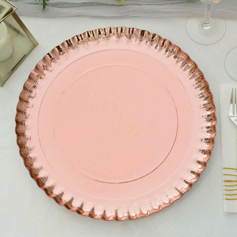 10 Pack Rose Gold Heavy Duty Paper Charger Plates, Disposable Serving Tray Round With Scalloped Rims 1100 GSM 13″  |   Eco-Friendly & Paper Plates Disposable Plates Blush/Rose gold