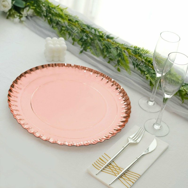 10 Pack Rose Gold Heavy Duty Paper Charger Plates, Disposable Serving Tray Round With Scalloped Rims 1100 GSM 13″  |   Eco-Friendly & Paper Plates Disposable Plates Blush/Rose gold