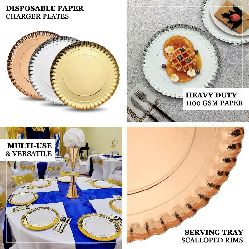 10 Pack Rose Gold Heavy Duty Paper Charger Plates, Disposable Serving Tray Round With Scalloped Rims 1100 GSM 13″  |   Eco-Friendly & Paper Plates Disposable Plates Blush/Rose gold