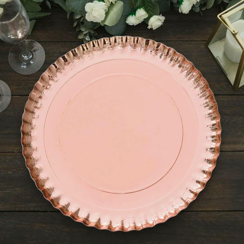 10 Pack Rose Gold Heavy Duty Paper Charger Plates, Disposable Serving Tray Round With Scalloped Rims 1100 GSM 13″  |   Eco-Friendly & Paper Plates Disposable Plates Blush/Rose gold