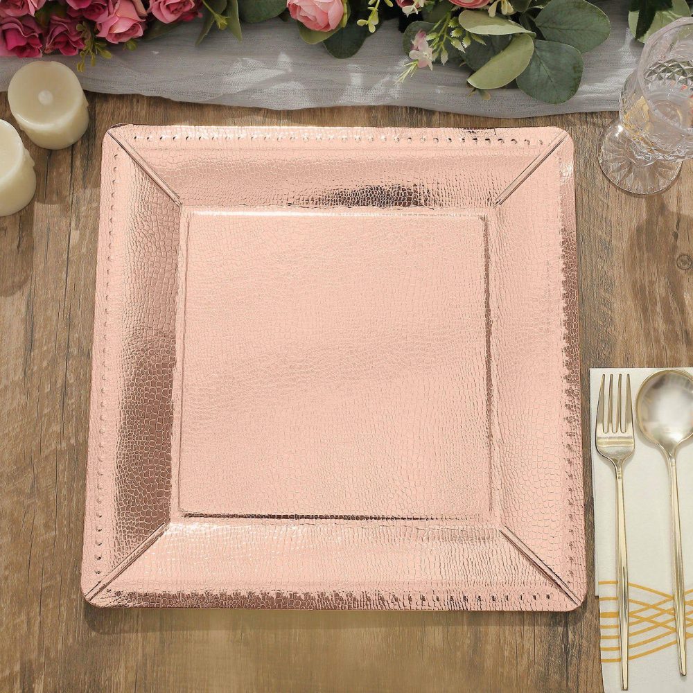 10 Pack Rose Gold Textured Disposable Square Serving Trays, Leather Like Cardboard Charger Plates 1100 GSM 13″  |   Paper Chargers & Trays Paper Chargers & Trays Paper Chargers & Trays