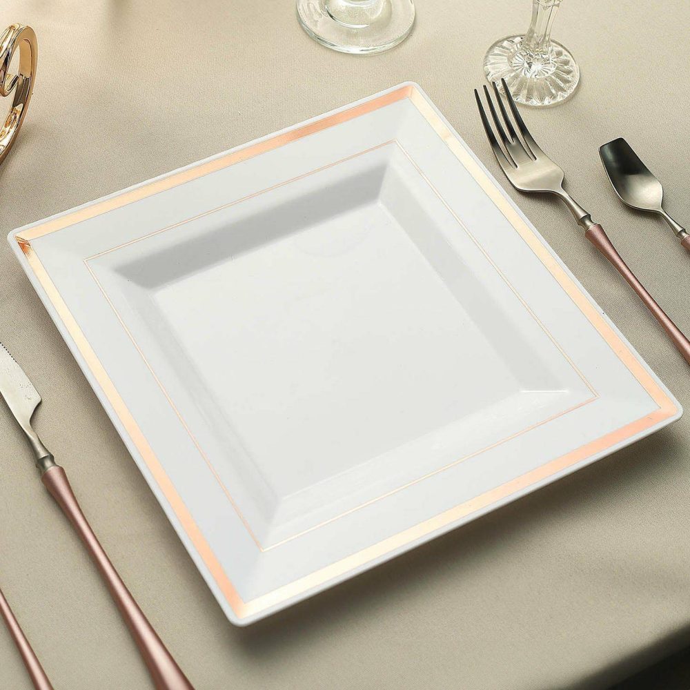 10 Pack Rose Gold Trim White Square Plastic Dinner Plates, Disposable Party Plates 10″  |   Disposable Dinner Plates Disposable Dinner Plates Disposable Dinner Plates