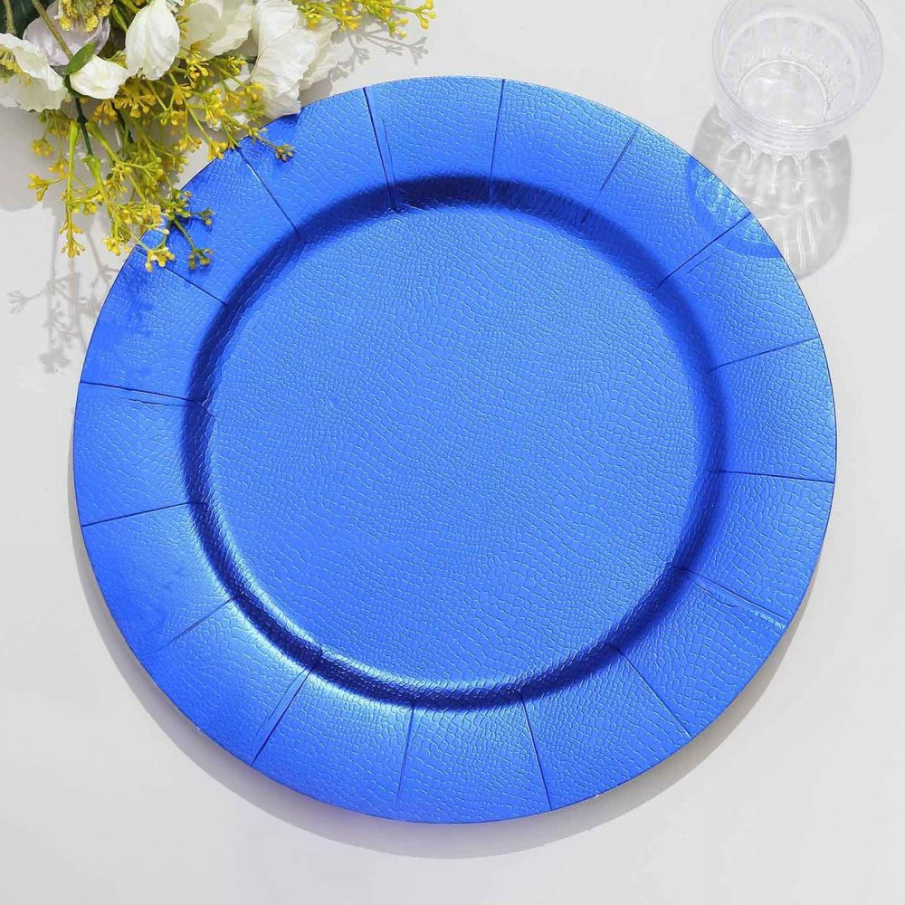 10 Pack Royal Blue Leather Textured Disposable Charger Plates, Round Cardboard Serving Trays 1100 GSM 13″  |   Paper Chargers & Trays Paper Chargers & Trays Paper Chargers & Trays