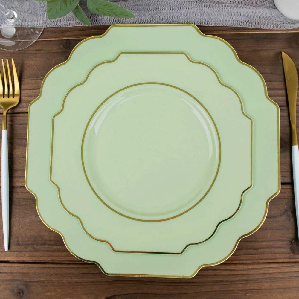 10 Pack Sage Green Hard Plastic Dessert Appetizer Plates, Disposable Tableware, Baroque Heavy Duty Salad Plates with Gold Rim 8″  |   Disposable Salad/Dessert Plates Disposable Plates Disposable Salad/Dessert Plates