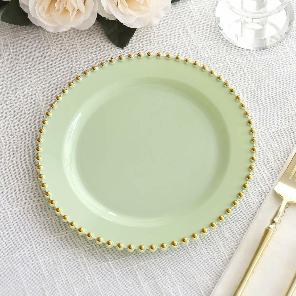 10 Pack Sage Green Plastic Appetizer Dessert Plates with Gold Beaded Rim, Disposable Round Salad Plates – 8″  |   Disposable Salad/Dessert Plates Disposable Plates Disposable Salad/Dessert Plates