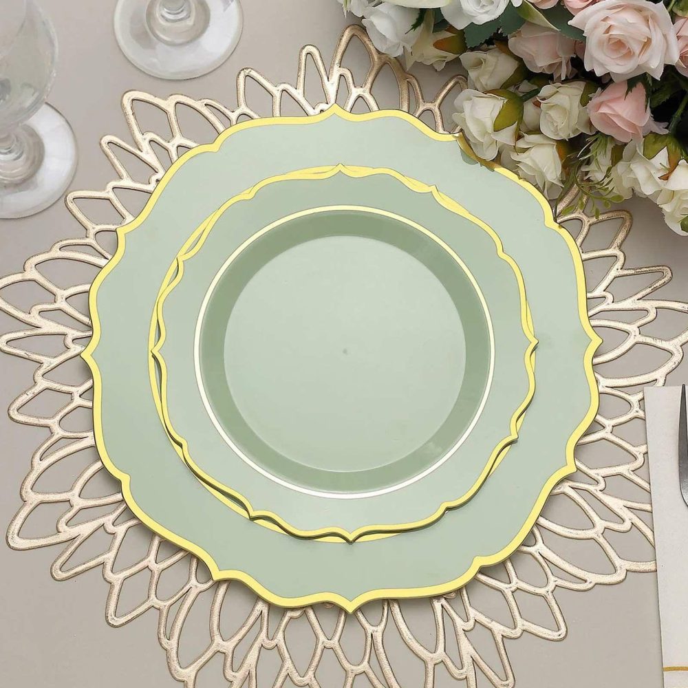 10 Pack Sage Green Plastic Dessert Salad Plates, Disposable Tableware Round With Gold Scalloped Rim 8″  |   Disposable Salad/Dessert Plates Disposable Plates Disposable Salad/Dessert Plates