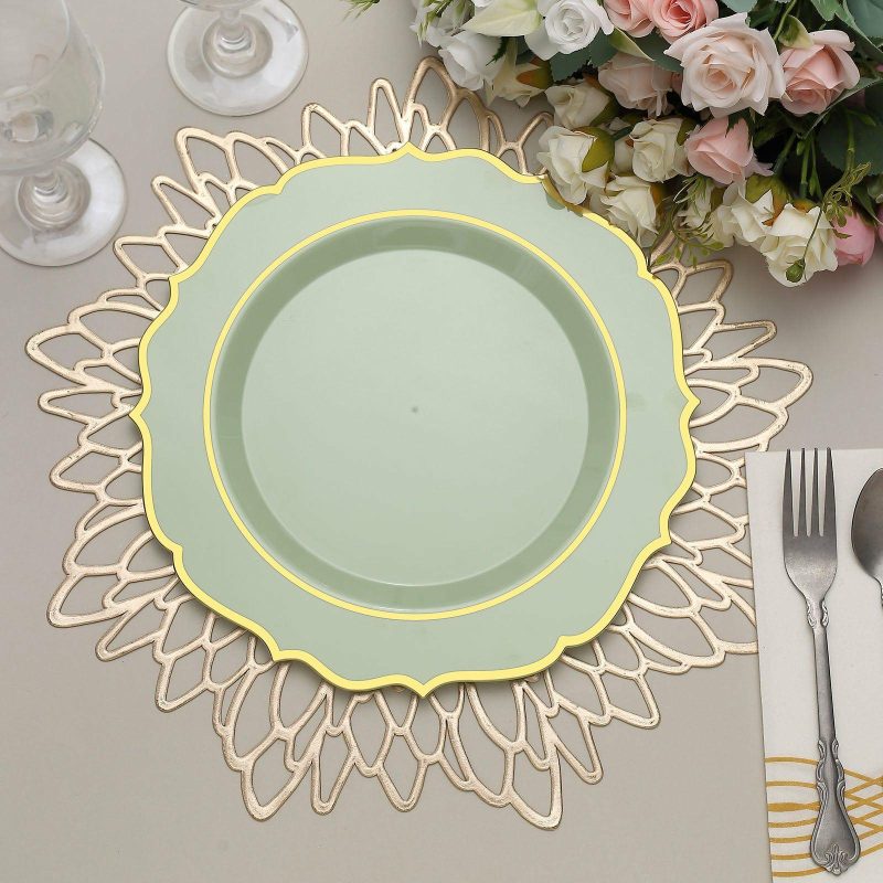 10 Pack Sage Green Plastic Dinner Plates Disposable Tableware Round With Gold Scalloped Rim 10″  |   Disposable Dinner Plates Disposable Dinner Plates Disposable Dinner Plates