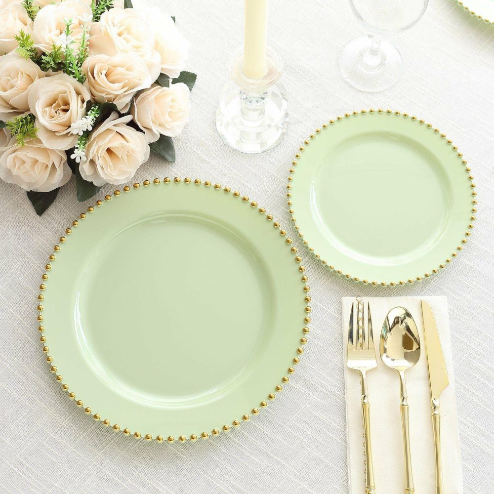 10 Pack Sage Green Plastic Dinner Plates with Gold Beaded Rim, Round Disposable Party Plates – 10″  |   Disposable Dinner Plates Disposable Dinner Plates Disposable Dinner Plates