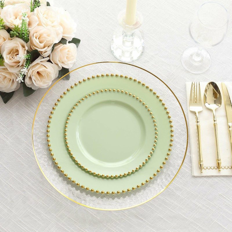 10 Pack Sage Green Plastic Dinner Plates with Gold Beaded Rim, Round Disposable Party Plates – 10″  |   Disposable Dinner Plates Disposable Dinner Plates Disposable Dinner Plates