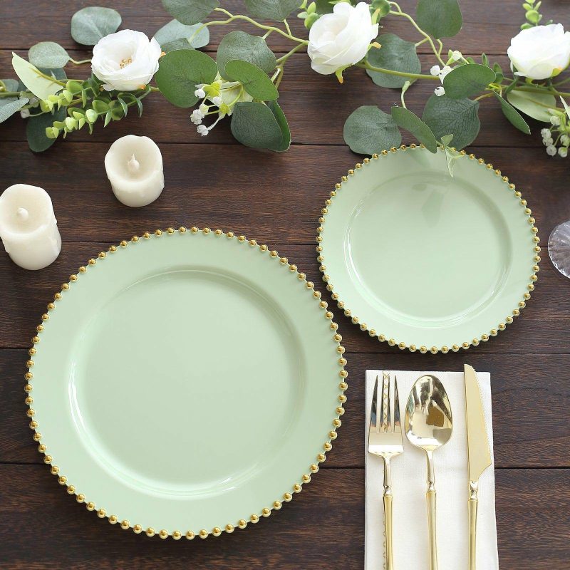 10 Pack Sage Green Plastic Dinner Plates with Gold Beaded Rim, Round Disposable Party Plates – 10″  |   Disposable Dinner Plates Disposable Dinner Plates Disposable Dinner Plates