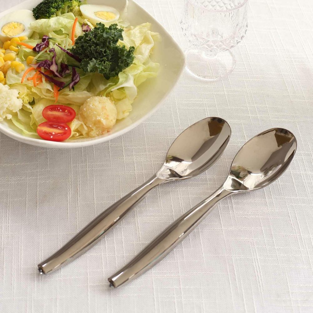 10 Pack Silver Large Serving Spoons, Heavy Duty Plastic Spoons – 10″  |   Cutlery Cutlery Cutlery