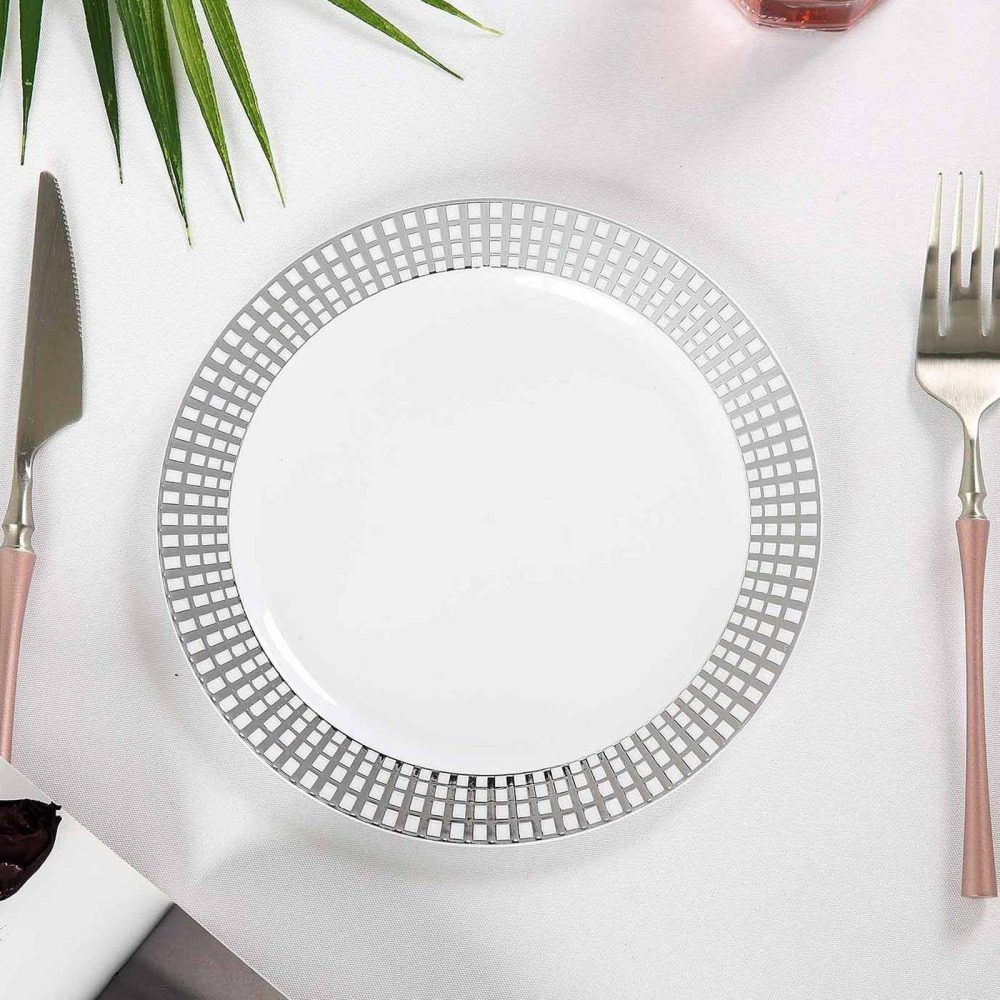 10 Pack Silver Plaid Hot Stamped Rim White Plastic Dessert Plates, Round Disposable Checkered Rim Appetizer Plates 8″  |   Disposable Salad/Dessert Plates Disposable Plates Disposable Salad/Dessert Plates