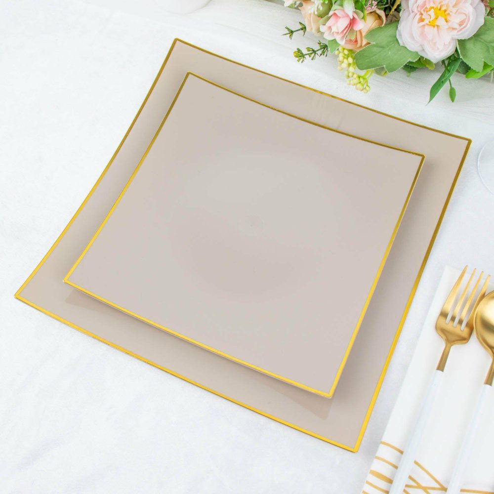 10 Pack Taupe / Gold Concave Modern Square Plastic Dessert Plates, Disposable Salad Appetizer Party Plates 8″  |   Disposable Salad/Dessert Plates Disposable Plates Disposable Salad/Dessert Plates