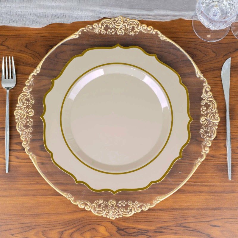 10 Pack Taupe Gold Plastic Dinner Plates, Disposable Tableware Round With Gold Scalloped Rim 10″  |   Disposable Dinner Plates Disposable Dinner Plates Disposable Dinner Plates