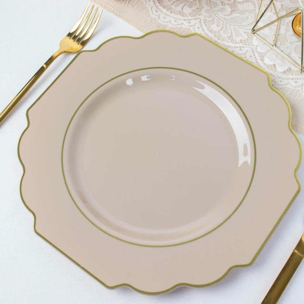 10 Pack Taupe Hard Plastic Baroque Dinner Plates with Gold Rim, Heavy Duty Disposable Dinnerware 11″  |   Disposable Dinner Plates Disposable Dinner Plates Disposable Dinner Plates