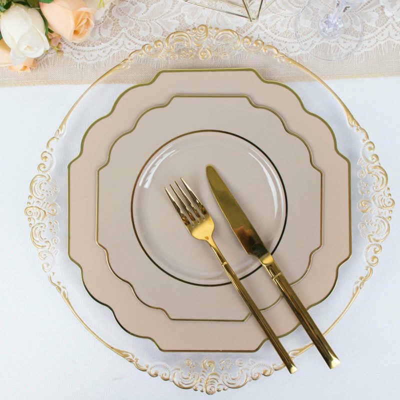 10 Pack Taupe Hard Plastic Baroque Dinner Plates with Gold Rim, Heavy Duty Disposable Dinnerware 11″  |   Disposable Dinner Plates Disposable Dinner Plates Disposable Dinner Plates