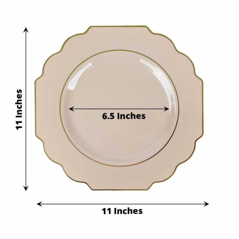 10 Pack Taupe Hard Plastic Baroque Dinner Plates with Gold Rim, Heavy Duty Disposable Dinnerware 11″  |   Disposable Dinner Plates Disposable Dinner Plates Disposable Dinner Plates