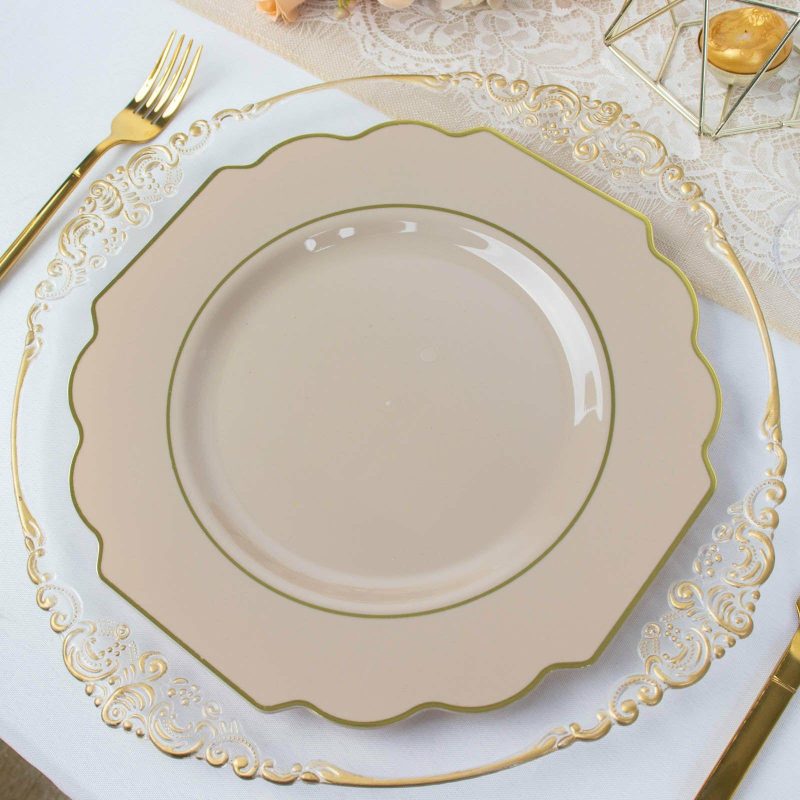 10 Pack Taupe Hard Plastic Baroque Dinner Plates with Gold Rim, Heavy Duty Disposable Dinnerware 11″  |   Disposable Dinner Plates Disposable Dinner Plates Disposable Dinner Plates